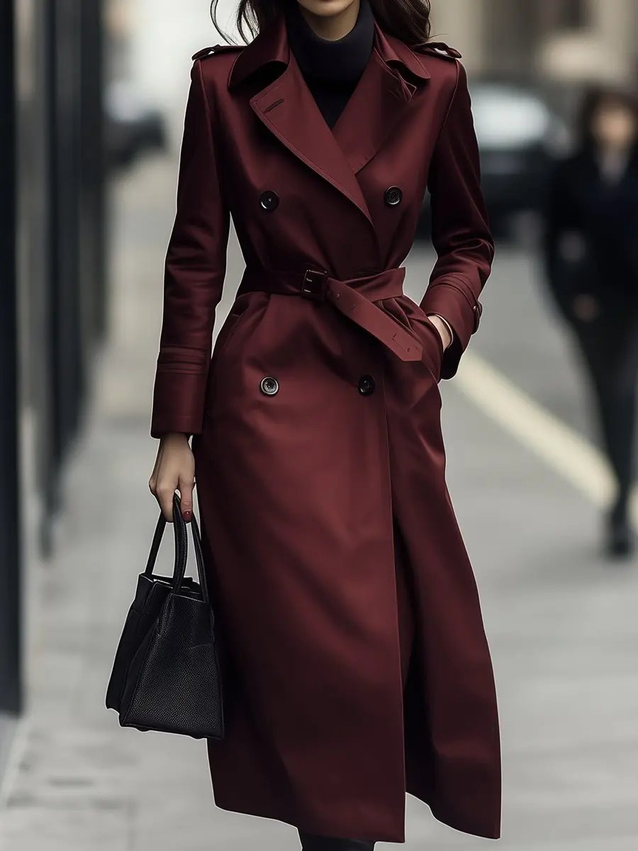 Classic Burgundy Double-Breasted Belted Trench - Trench Coat CASA LARO