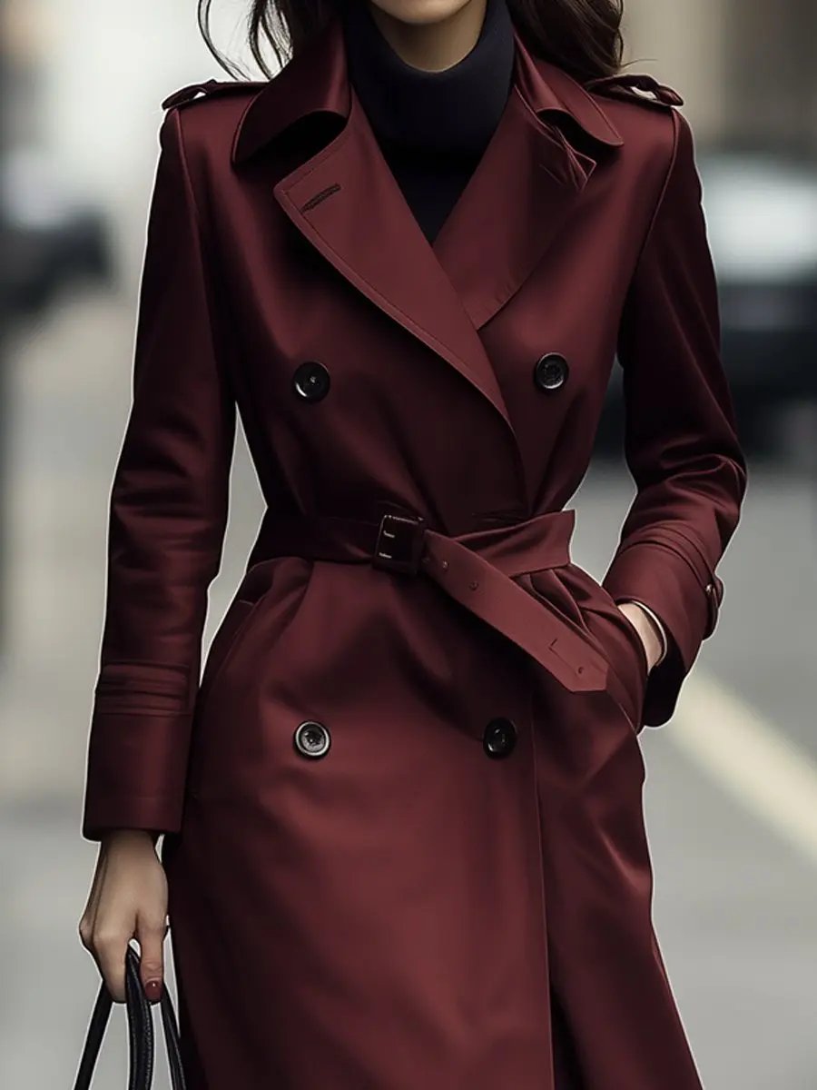Classic Burgundy Double-Breasted Belted Trench - Trench Coat CASA LARO