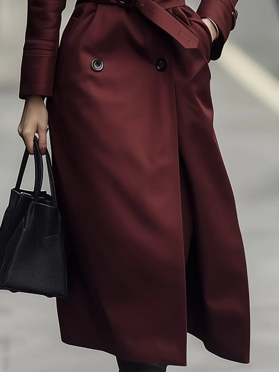 Classic Burgundy Double-Breasted Belted Trench - Trench Coat CASA LARO