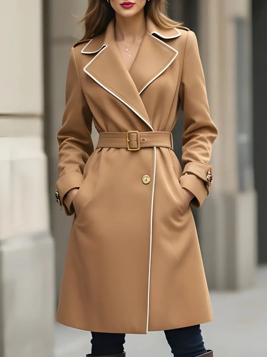 Classic Camel Belted Trench With White Piping - Trench Coat CASA LARO