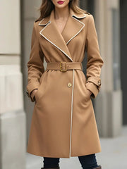 Classic Camel Belted Trench With White Piping - Trench Coat CASA LARO