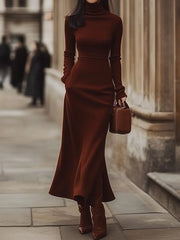 Classic Chocolate Brown Turtleneck - Midi Dress CASA LARO