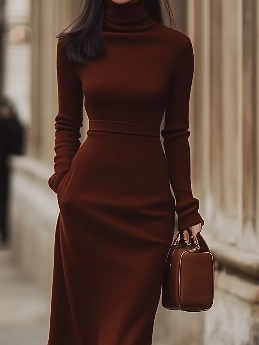Classic Chocolate Brown Turtleneck - Midi Dress CASA LARO