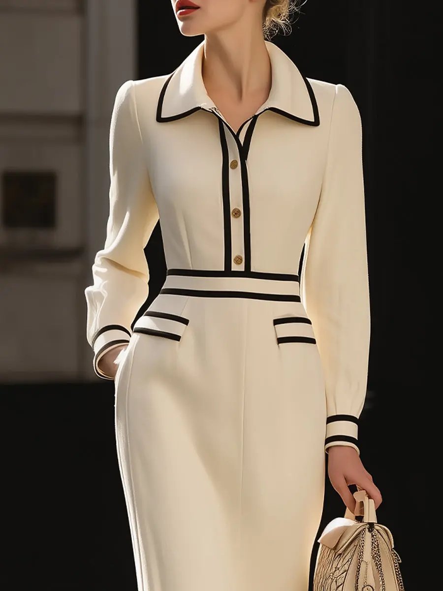 Classic Contrast-Trim Button-Front Midi Dress - Midi Dress CASA LARO