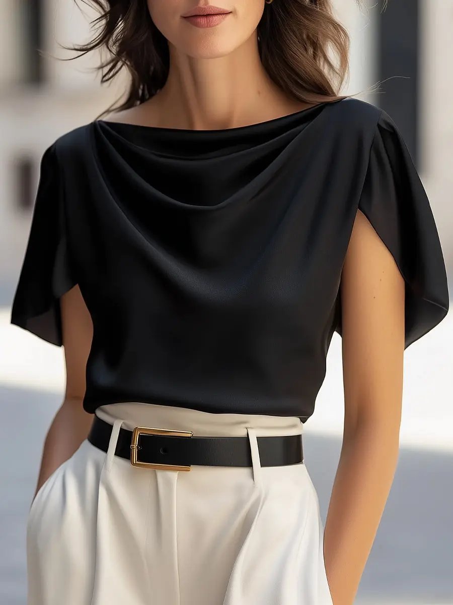 Classic Satin Draped Cap-Sleeve Top - Blouse CASA LARO