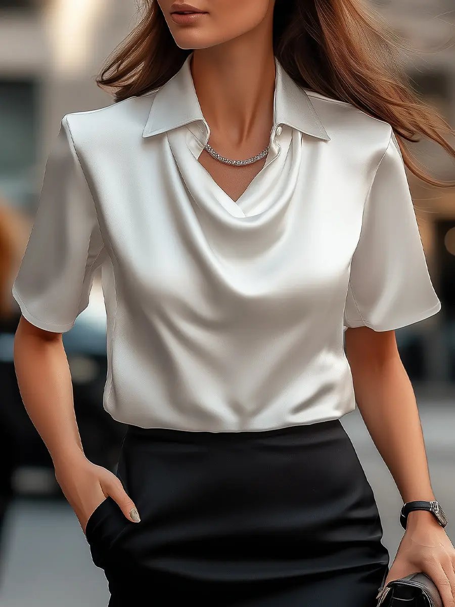 Classic White Satin Draped Neckline - Blouse CASA LARO