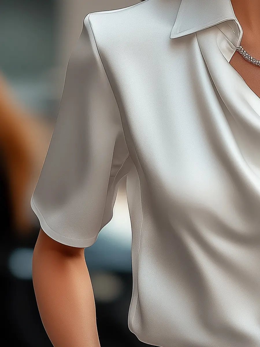 Classic White Satin Draped Neckline - Blouse CASA LARO