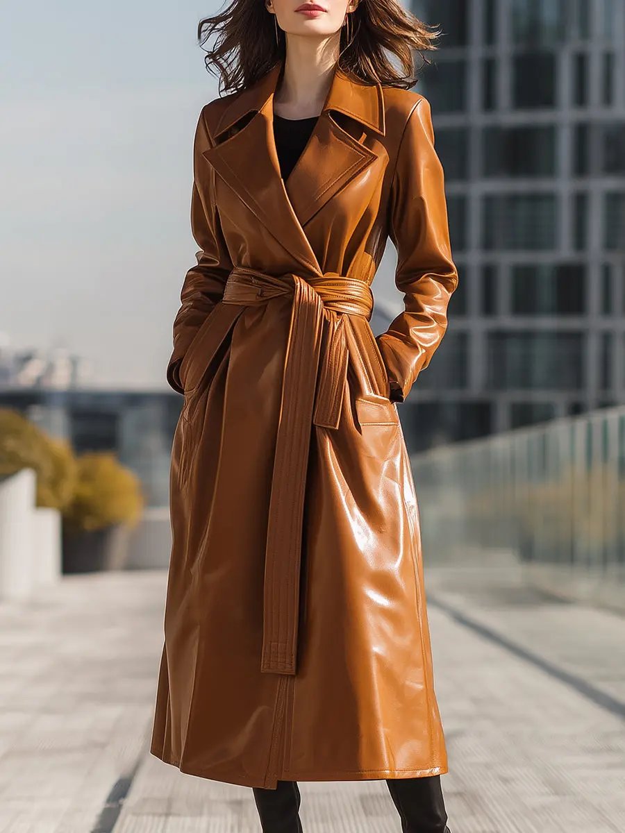 Cognac Faux Leather Belted Longline - Trench Coat CASA LARO