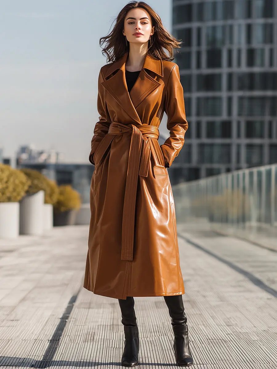 Cognac Faux Leather Belted Longline - Trench Coat CASA LARO