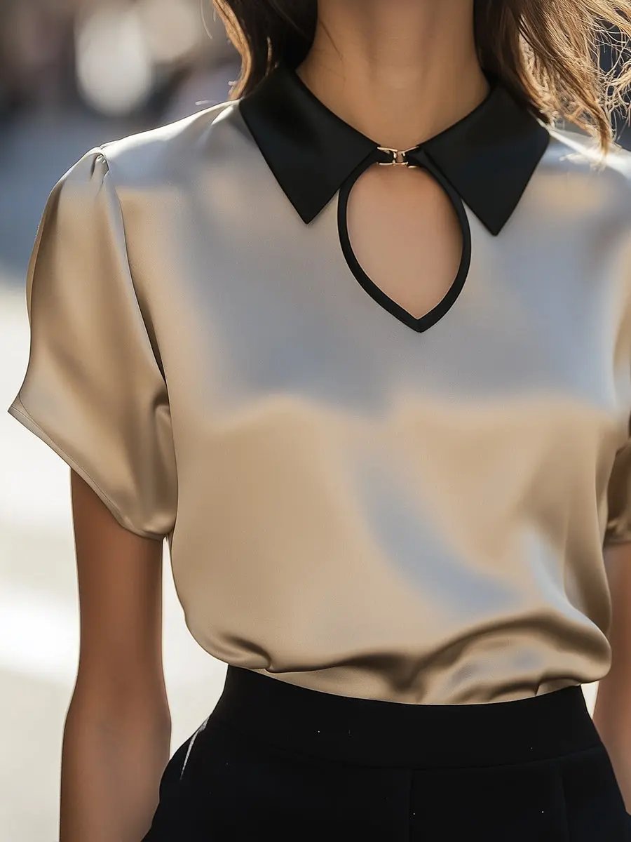 Contrast Collar Satin Keyhole Detail - Blouse CAAYWORLD