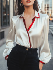 Contrast Collar Satin, Silk‑Look Finish - Blouse CASA LARO