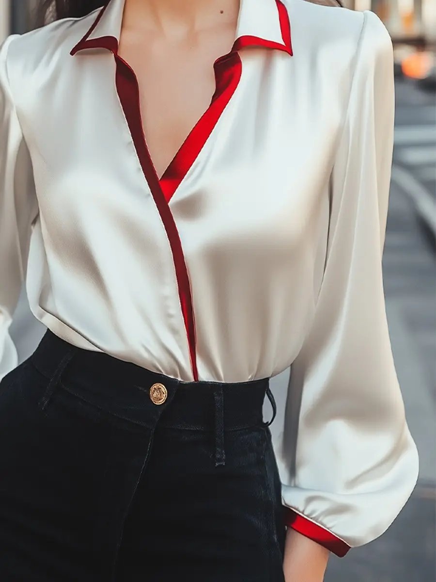 Contrast Collar Satin, Silk‑Look Finish - Blouse CASA LARO