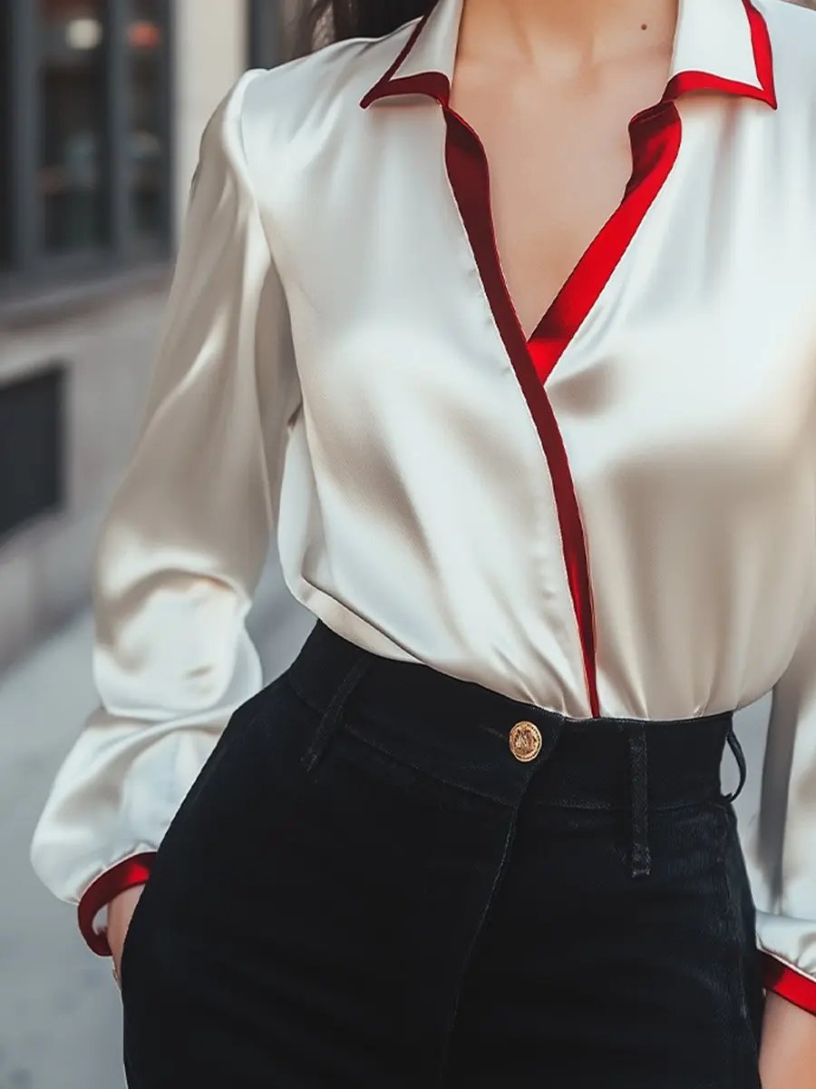 Contrast Collar Satin, Silk‑Look Finish - Blouse CASA LARO