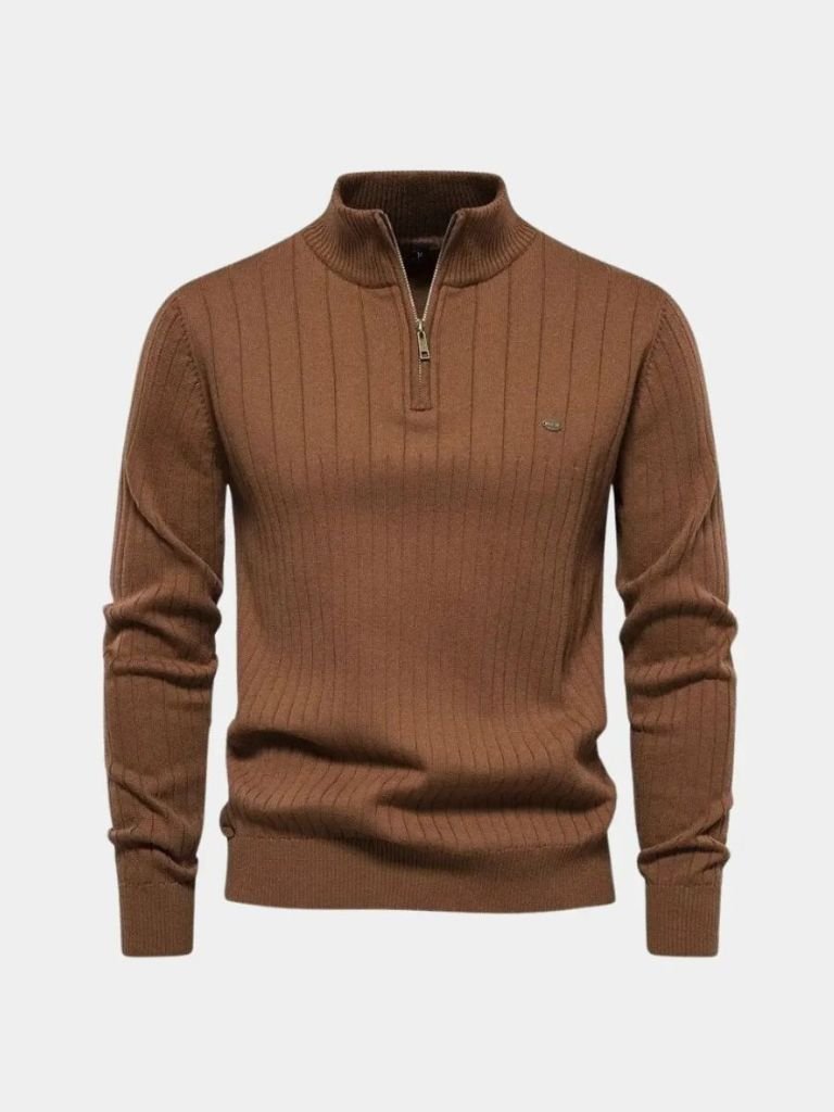Cotton Knit Vertical Stripes Quarter-Zip Sweater - Casa  Laro CASA LARO