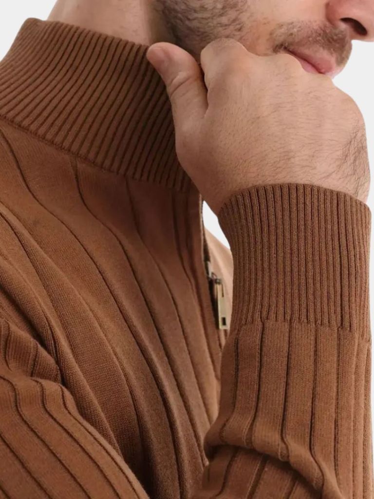 Cotton Knit Vertical Stripes Quarter-Zip Sweater - Casa  Laro CASA LARO
