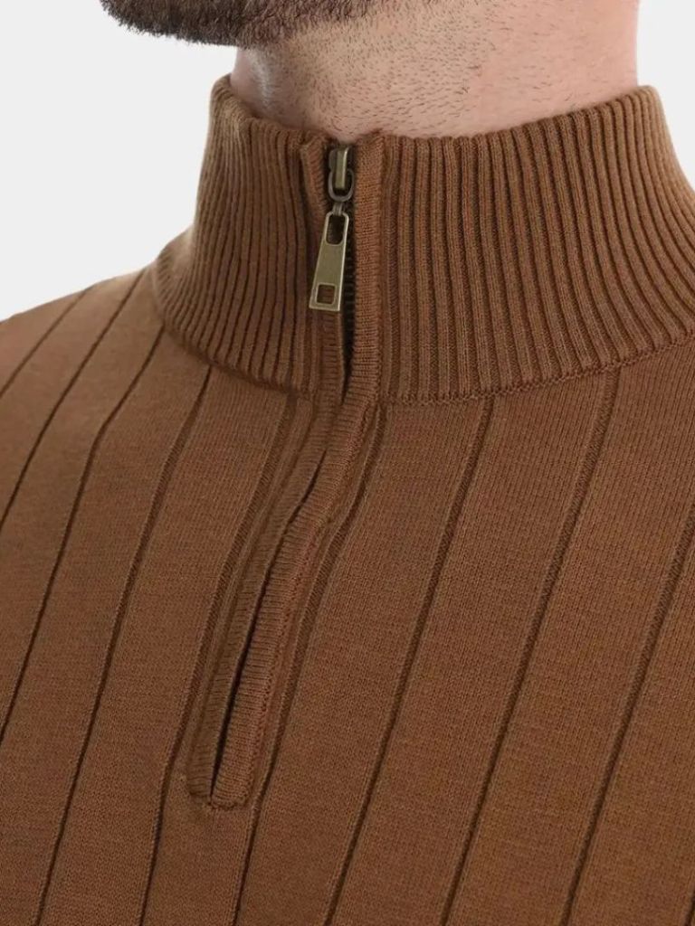 Cotton Knit Vertical Stripes Quarter-Zip Sweater - Casa  Laro CASA LARO