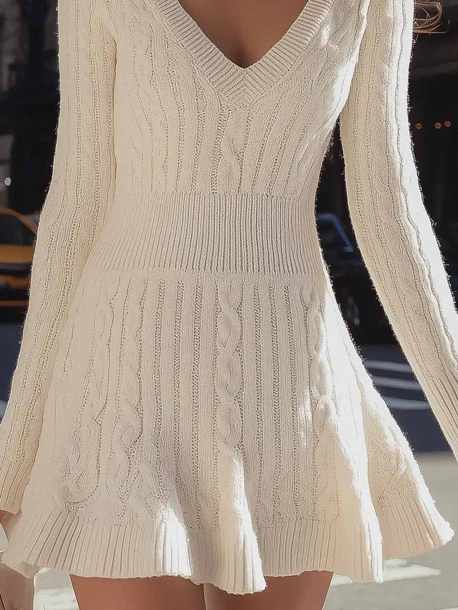 Cozy Cable Knit V-Neck Flared Hem - Sweater Dress CASA LARO