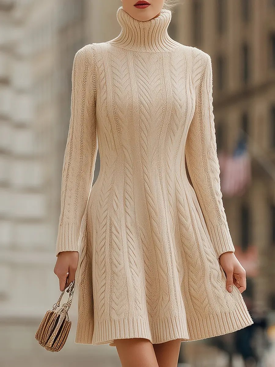 Cozy Chunky Cable-Knit Turtleneck Long Sleeve - Sweater Dress CASA LARO