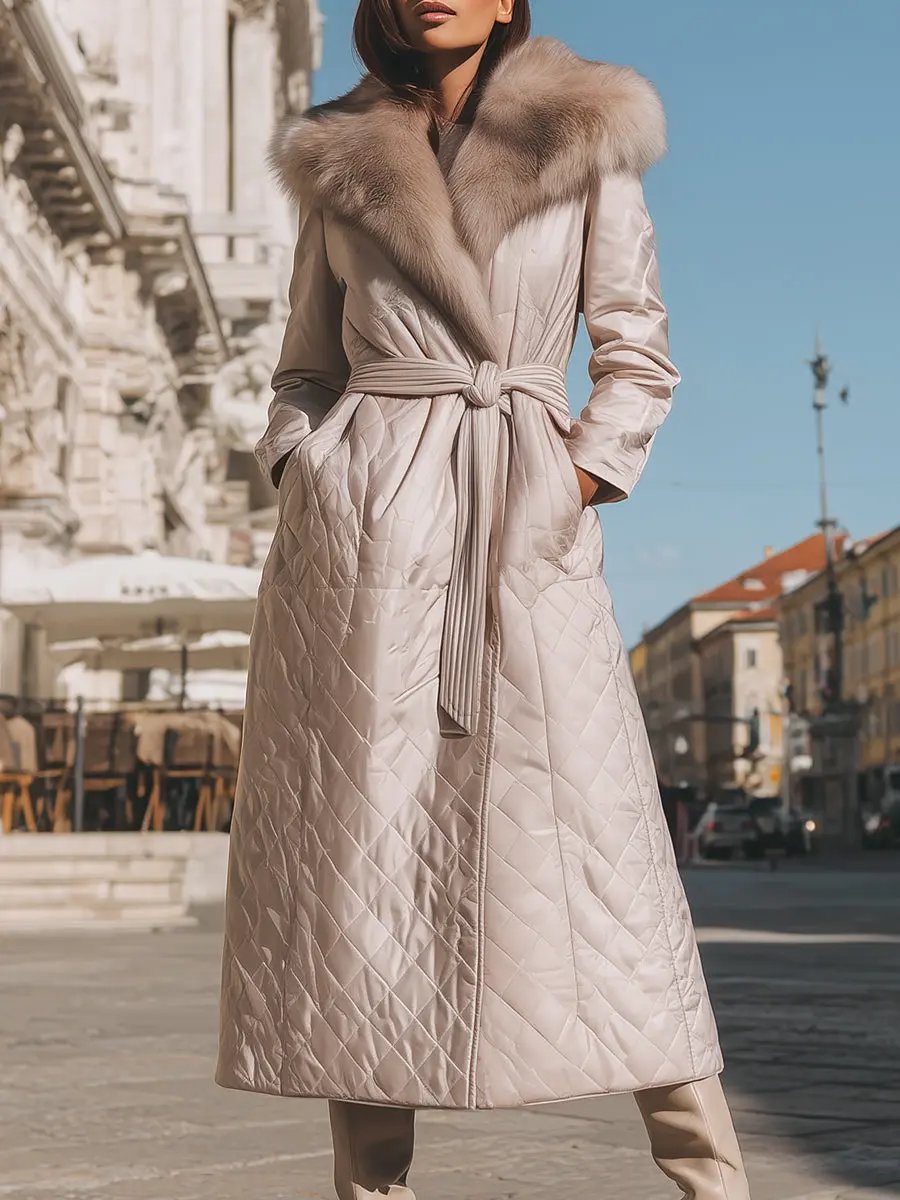 Cream Quilted Coat With Faux Fur Collar & Tie Belt - Women's Coat CASA LARO