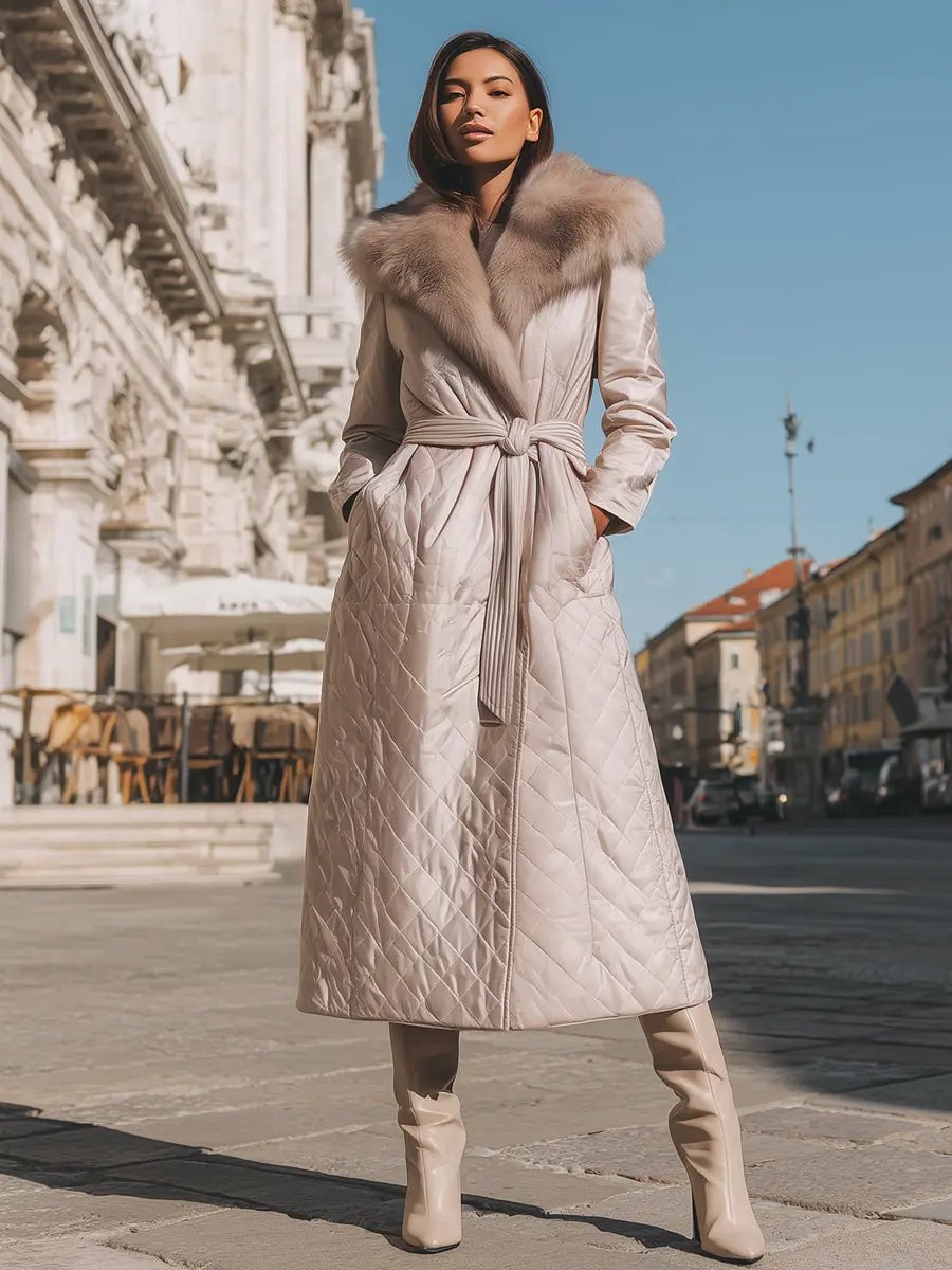 Cream Quilted Coat With Faux Fur Collar & Tie Belt - Women's Coat CASA LARO