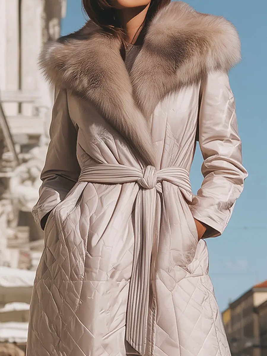 Cream Quilted Coat With Faux Fur Collar & Tie Belt - Women's Coat CASA LARO