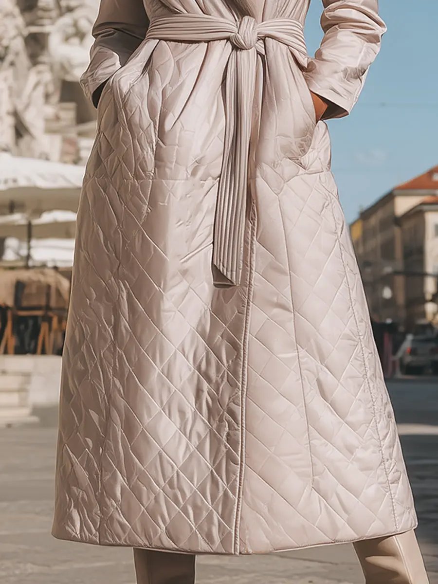 Cream Quilted Coat With Faux Fur Collar & Tie Belt - Women's Coat CASA LARO