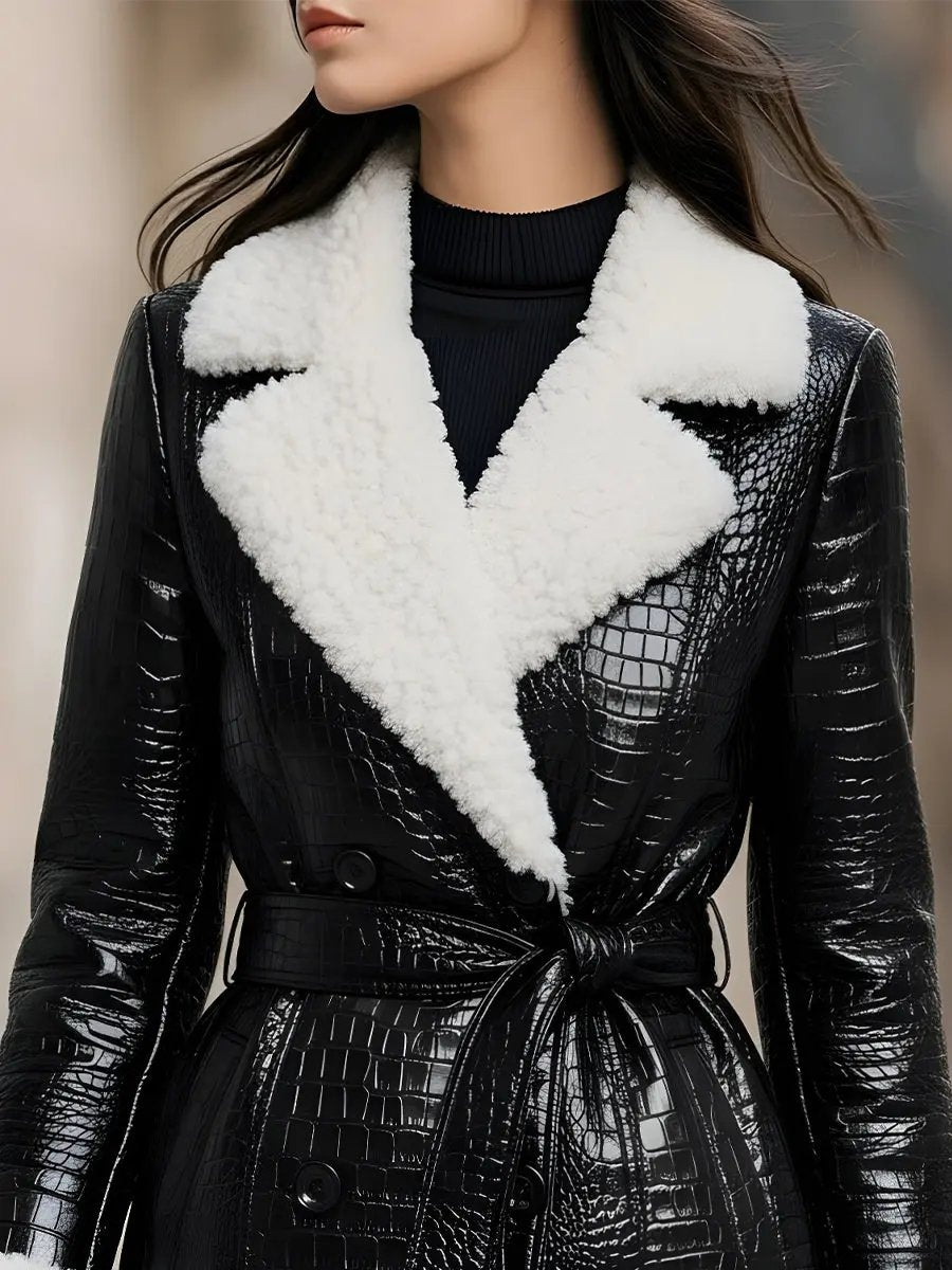 Croc-Embossed Faux Leather With Faux Shearling Trim - Coat CASA LARO