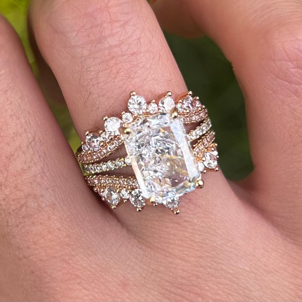 2 Pcs Radiant Cut Insert Wedding Ring Set With Crown-Shaped Band Shine of Diamond