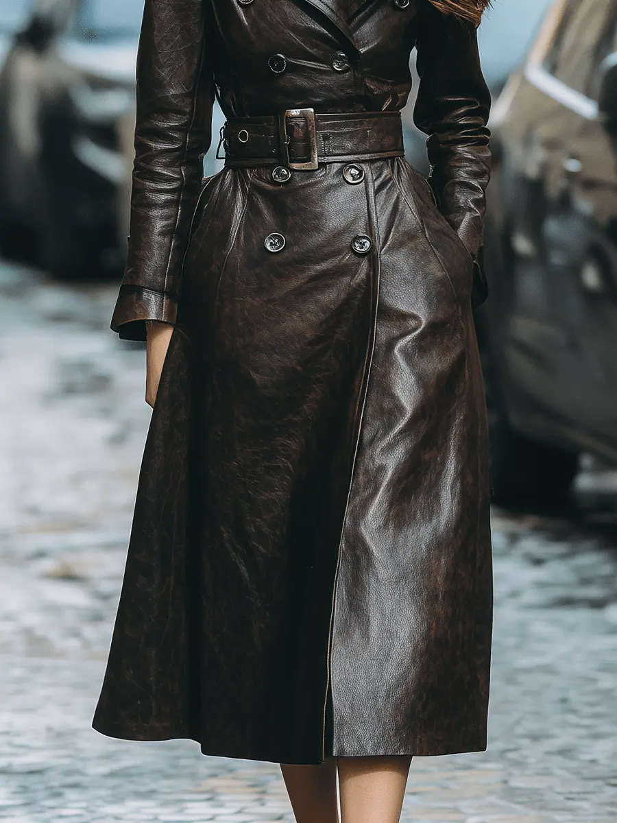 Dark Brown Belted Faux Leather Shearling Collar - Trench Coat CASA LARO