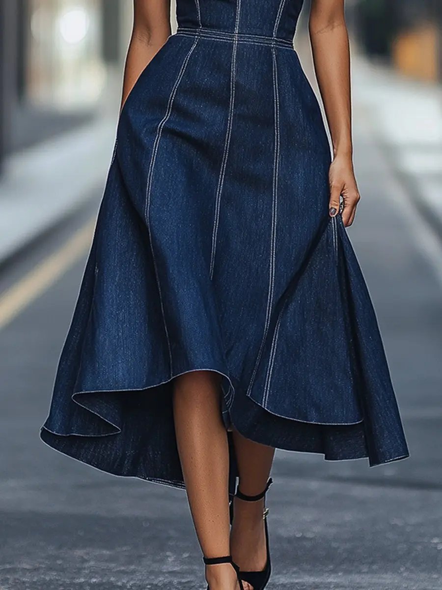 Dark Indigo Sleeveless Fitted Denim - Midi Dress CASA LARO