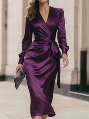 Deep Plum Satin Wrap with Tie Waist - Midi Dress CASA LARO