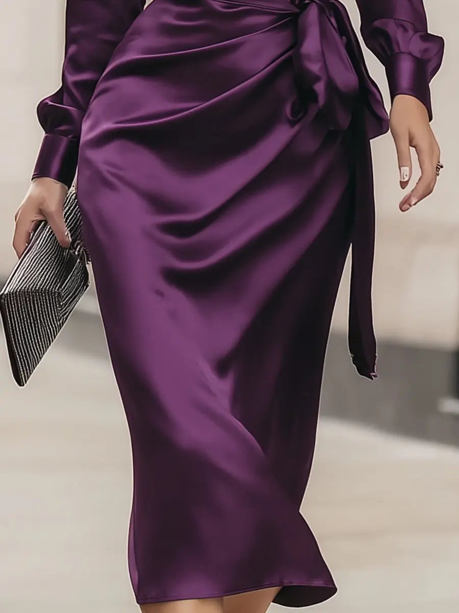 Deep Plum Satin Wrap with Tie Waist - Midi Dress CASA LARO
