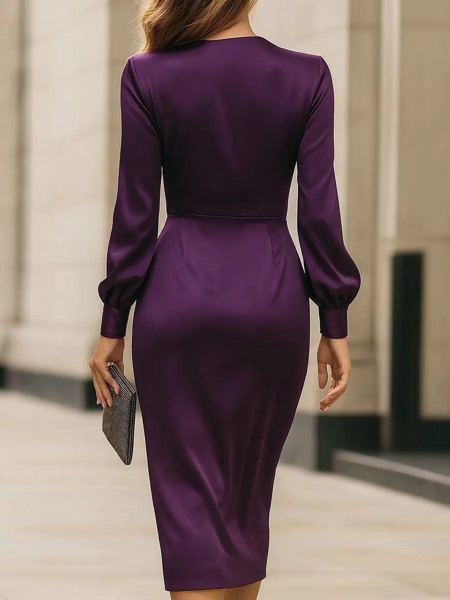 Deep Plum Satin Wrap with Tie Waist - Midi Dress CASA LARO