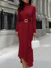 Draped Long Sleeve With Statement Belt - Midi Dress CASA LARO