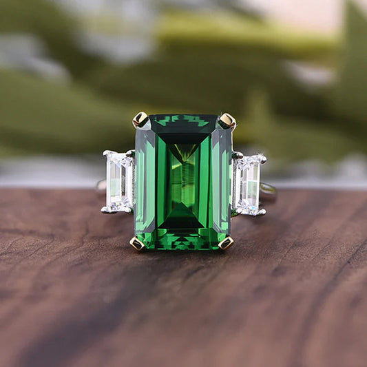 Vintage Emerald Green Three Stone Engagement Ring In Sterling Silver Shineofdiamond