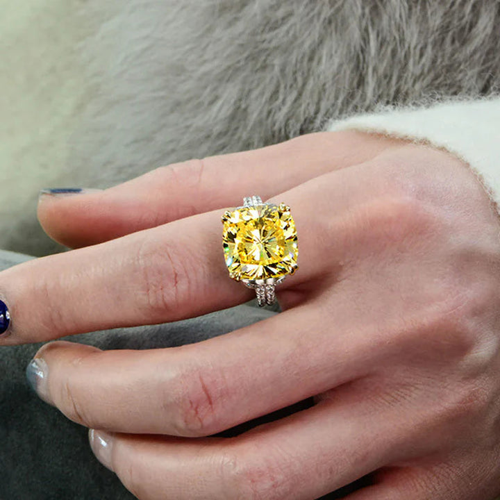 Retro Cushion Cut Yellow Engagement Ring In Sterling Silver shine of diamond