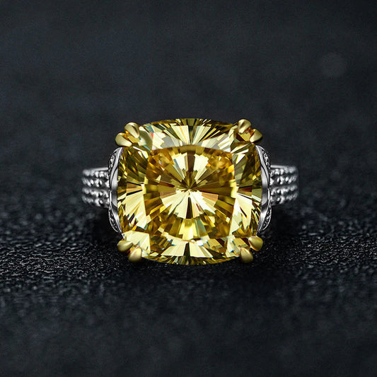 Retro Cushion Cut Yellow Engagement Ring In Sterling Silver shine of diamond