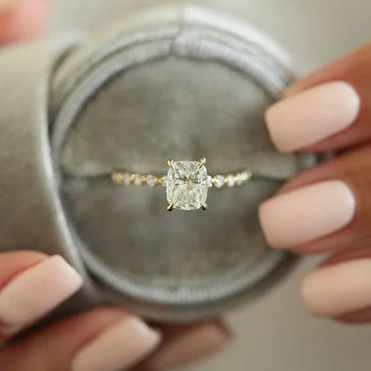 Classic Cushion Cut Sterling Silver Engagement Ring In Golden Tone shine of diamond