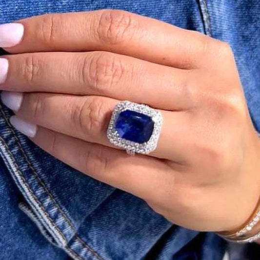 Retro Double Halo Blue Cushion Cut Engagement Ring In Sterling Silver shine of diamond