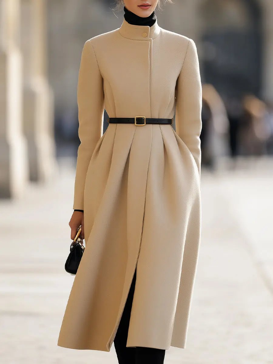 Elegant Beige Belted Tailored Trench - Midi Coat CASA LARO