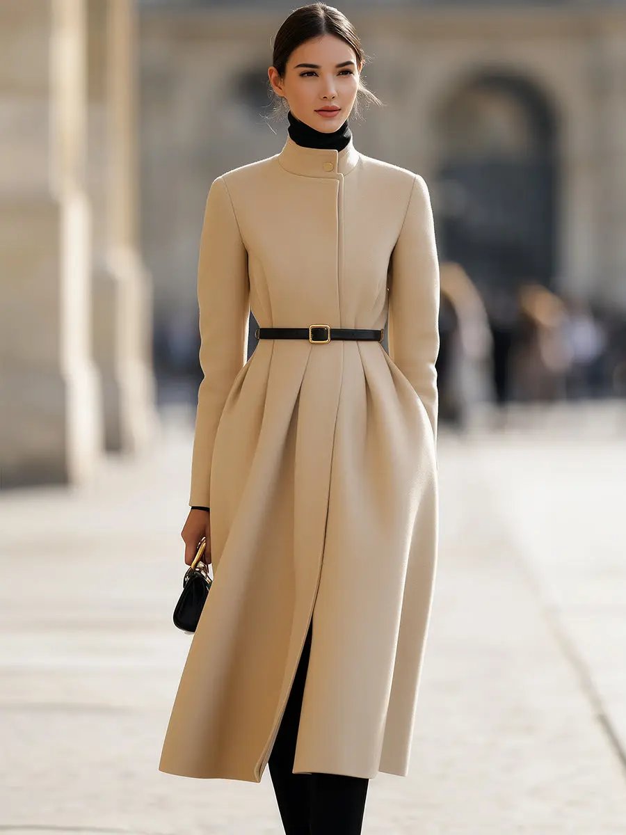 Elegant Beige Belted Tailored Trench - Midi Coat CASA LARO