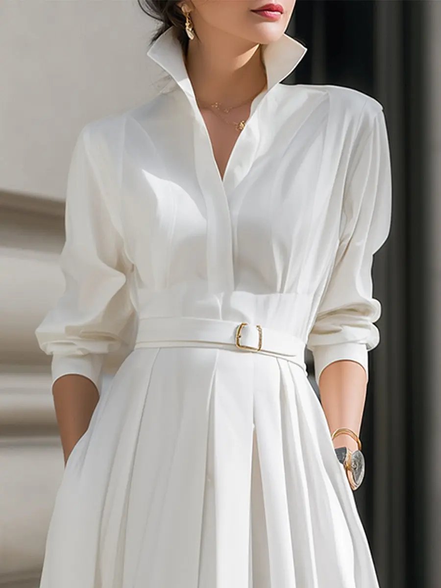 Elegant Belted Shirt Dress with Pleated Skirt - Midi Dress CASA LARO