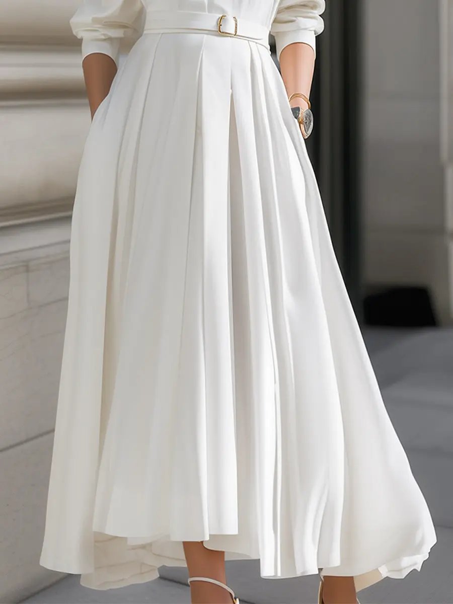 Elegant Belted Shirt Dress with Pleated Skirt - Midi Dress CASA LARO