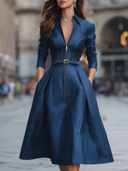 Elegant Belted Zippered Denim - Midi Dress CASA LARO