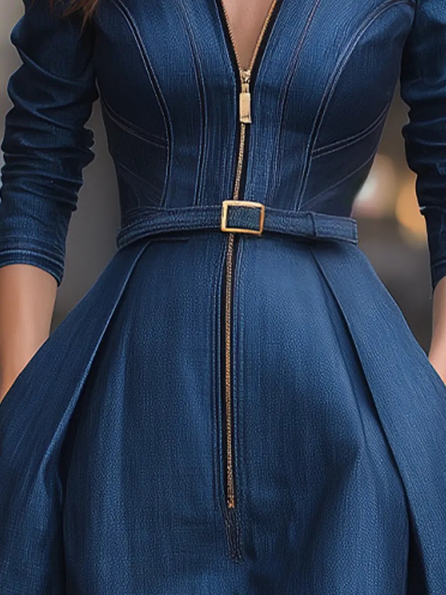 Elegant Belted Zippered Denim - Midi Dress CASA LARO