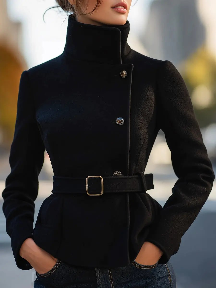 Elegant Black Belted Wool-Blend Tailored - Coat CASA LARO