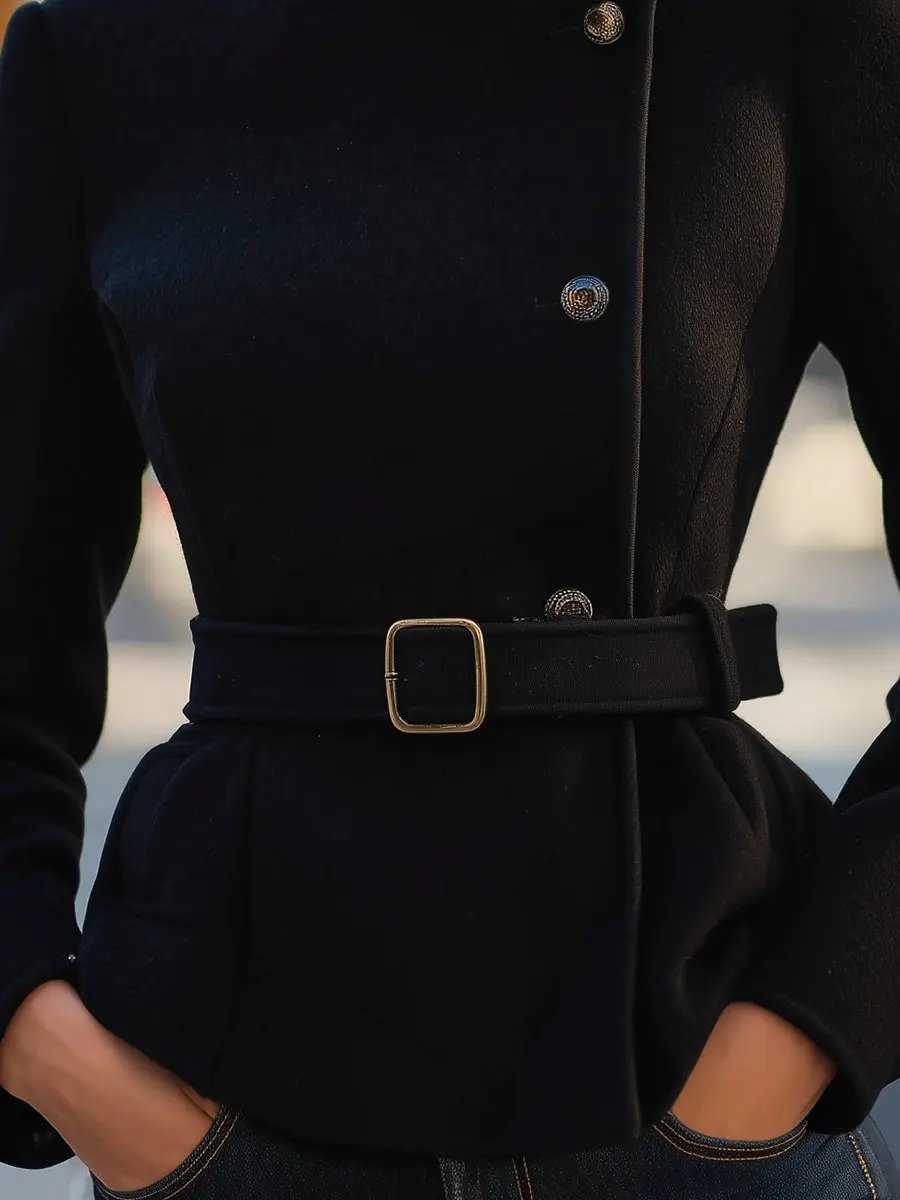 Elegant Black Belted Wool-Blend Tailored - Coat CASA LARO