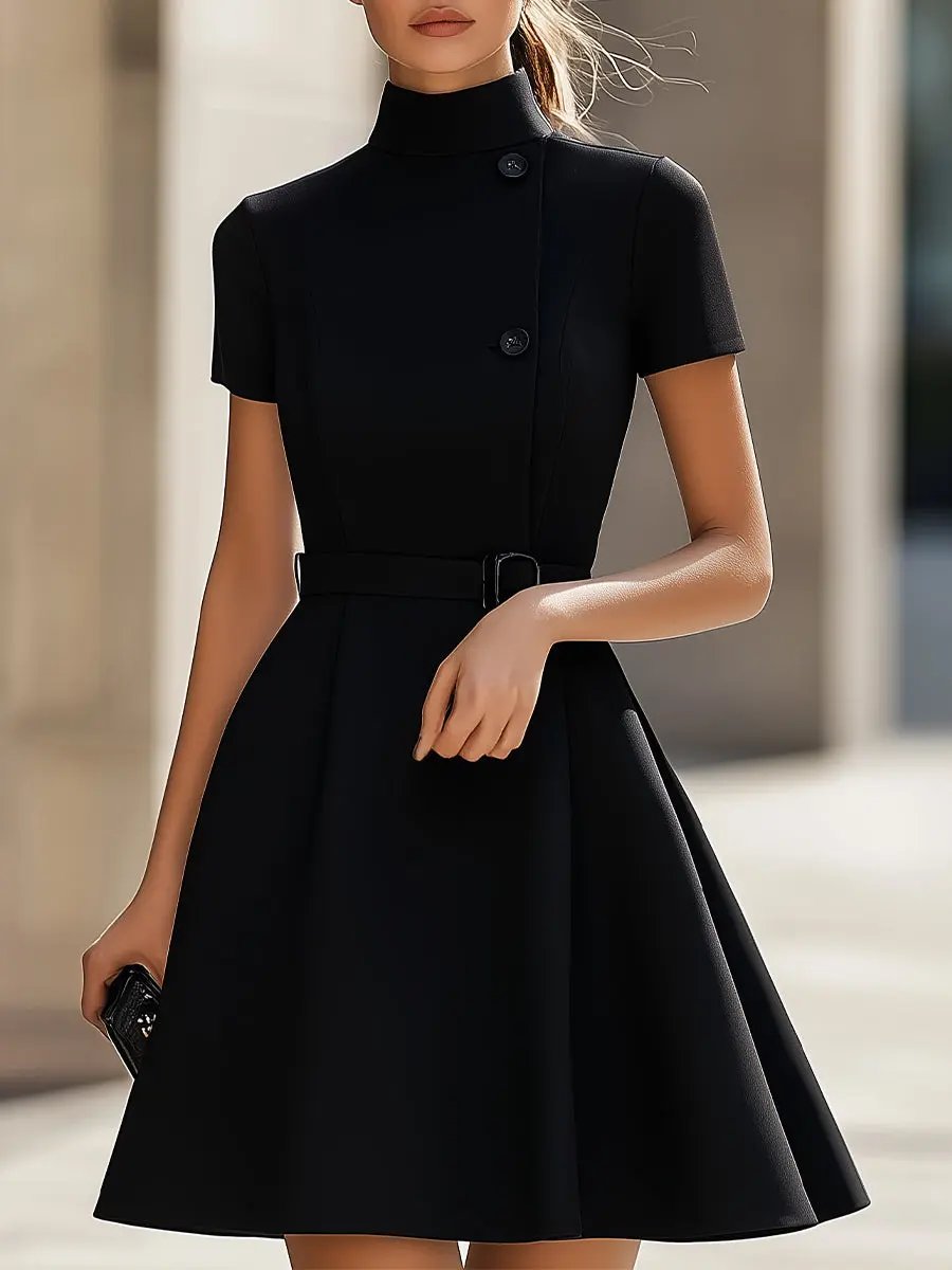 Elegant Black High-Neck Belted Sheath - Midi Dress CASA LARO