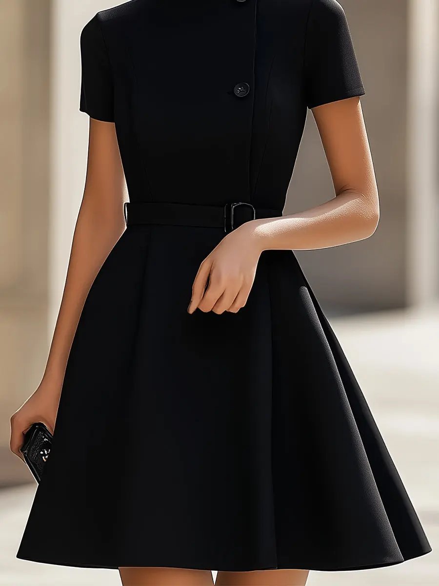 Elegant Black High-Neck Belted Sheath - Midi Dress CASA LARO