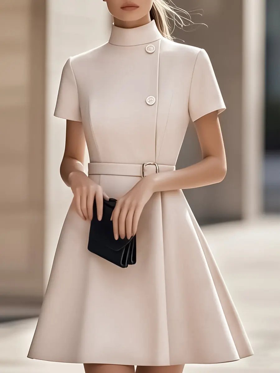 Elegant Black High-Neck Belted Sheath - Midi Dress CASA LARO